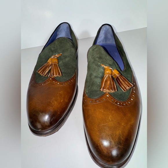 CERBERO ITALY NANO TASSEL LEATHER BROWN/GREEN LOAFERS MENS SIZE 8 - Picture 1 of 12